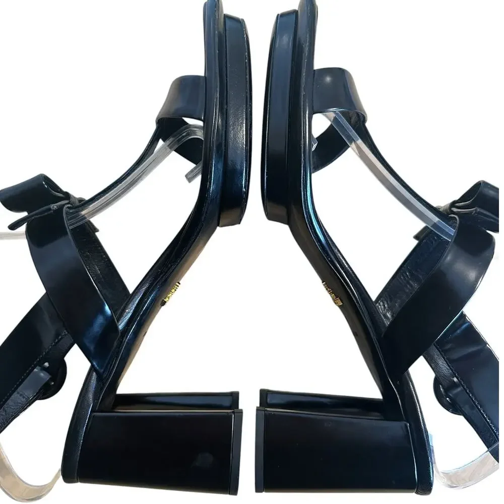 Prada Black Patent Leather T Strap Bow Open Toe Block Heel Sandals 40